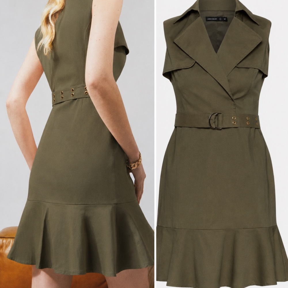 Sleeveless Olive Belted Trench-Style Dress